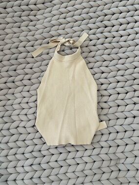 Zara Beige Ribbed Halter Top with Tie Neck